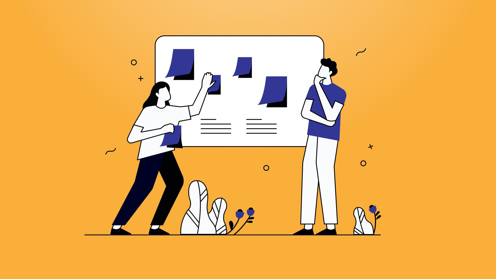 A man and a woman are looking at a board. A man and a woman are looking at a board.