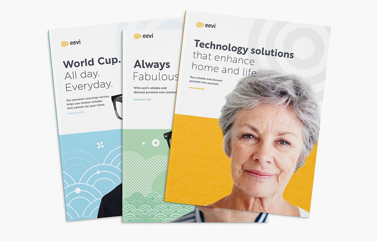 Three eevii brochures are shown, one featuring an older woman and the others with text about technology solutions and personal care, all with clean, graphic designs.