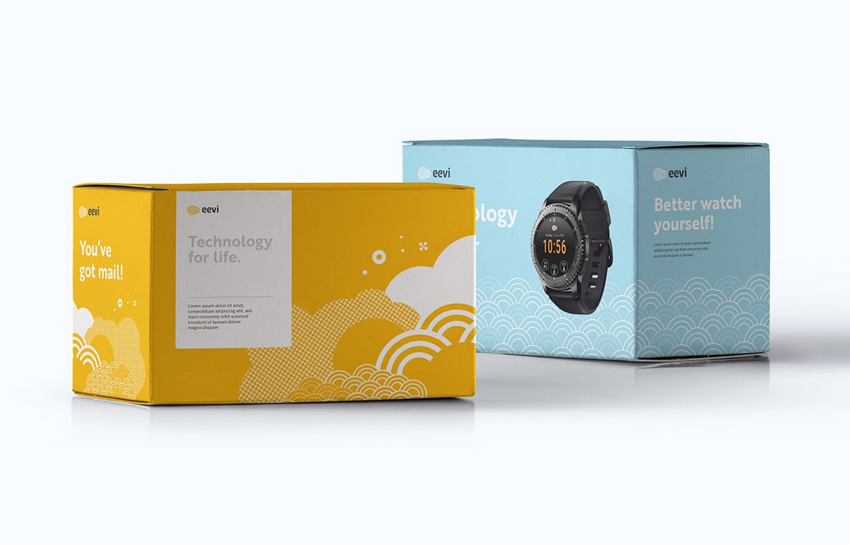 Two colourful product boxes, one yellow and one blue, with abstract patterns and text about technology and a smartwatch image on the blue box.