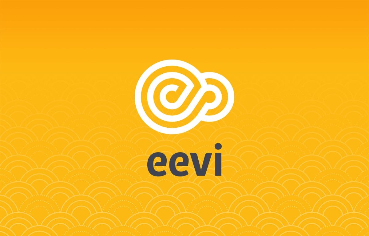 A white abstract spiral logo above the word "eevi" on a yellow-orange background with a repeating scallop pattern.